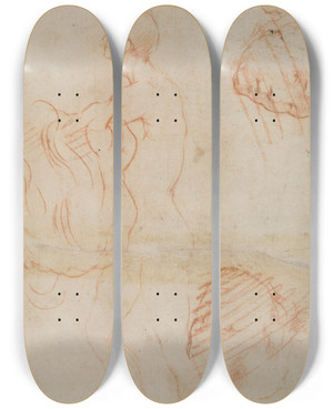 Triptych art skateboard deck of Andrea Del Sarto Figure Study And Face by Andrea del Sarto (1486-1530)