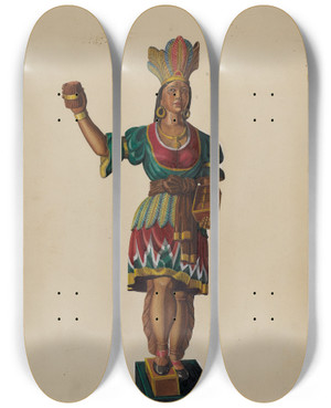 Triptych art skateboard deck of Arthur Mathews Cigar Store Indian by Arthur Mathews