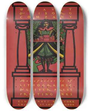 Triptych art skateboard deck of Will Bradley Ault And Wiborg Ad 135 by Will Bradley (1868-1962)