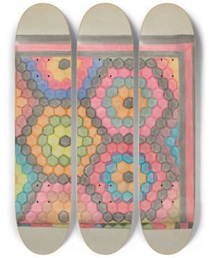 Triptych art skateboard deck of Mabel Ritter Quilt by Mabel Ritter