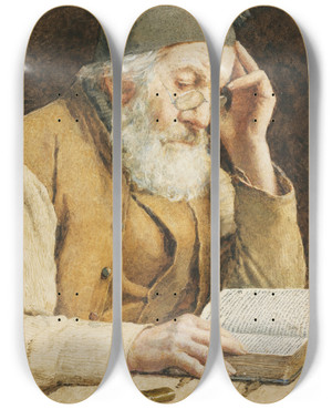 Triptych art skateboard deck of Albert Anker Old Man Reading by Albert Anker (1831-1910)