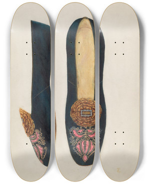 Triptych art skateboard deck of Ann Gene Buckley Womans Slipper by Ann Gene Buckley