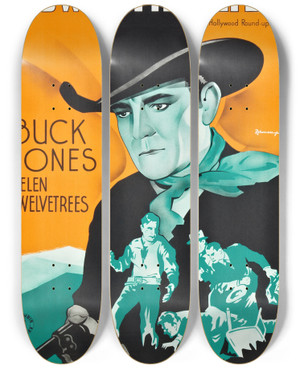 Triptych art skateboard deck of Eric Rohman Hollywood Roundup by Eric Rohman (1891-1949)