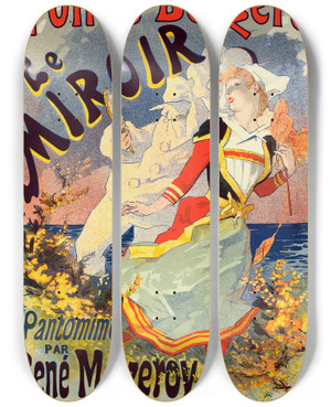 Triptych art skateboard deck of Jules Chret Le Miroir by Jules Cheret (1836-1932)