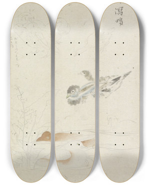 Triptych art skateboard deck of Ishikawa Kazan Watervogels by Ishikawa Kazan (1810-1823)