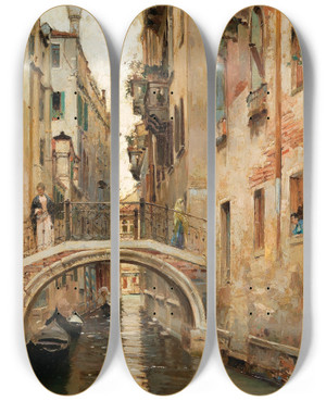 Triptych art skateboard deck of Raffaele Tafuri A Canal In Venice by Raffaele Tafuri (1857-1929)