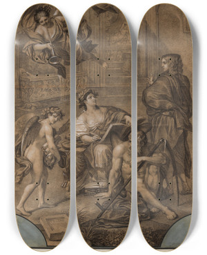 Triptych art skateboard deck of Philipp Jakob Becker Allegorie Der Geschichte by Philipp Jakob Becker