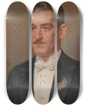 Triptych art skateboard deck of Alexander Pock Bildnis Eines Herrn Mit Miniaturkette by Alexander Pock (1871-1950)