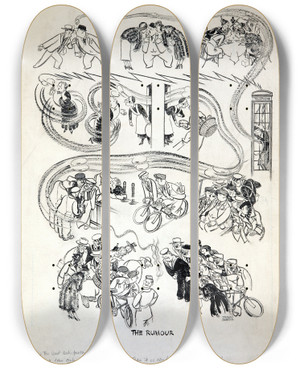 Triptych art skateboard deck of Thomas Derrick The Rumour by Thomas Derrick (1885-1954)