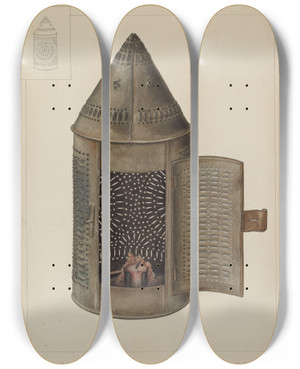 Triptych art skateboard deck of Clyde L Cheney Candle Lantern by Clyde L Cheney
