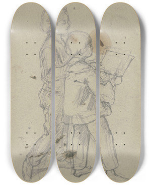 Triptych art skateboard deck of Jakob Becker Two Reading Boys by Jakob Becker (1810-1872)