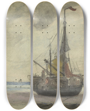 Triptych art skateboard deck of Gerhard Munthe Vissersboot Op Het Strand Met Gereefd Zeil by Gerhard Munthe (1849-1929)