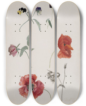 Triptych art skateboard deck of Josef Lauer Blumen by Josef Lauer (1818-1881)