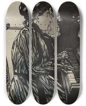 Triptych art skateboard deck of Auguste Louis Lepre Etude A Quatre Mains by Auguste Louis Lepere (1849-1918)