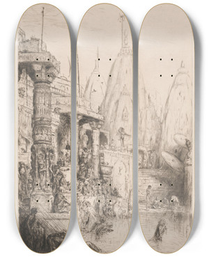 Triptych art skateboard deck of Marius Bauer Tempel Met Figuren Aan De Ganges by Marius Bauer (1867-1932)