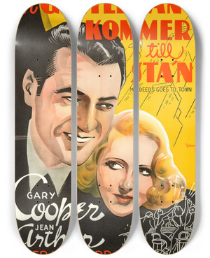 Triptych art skateboard deck of Eric Rohman Mr Deeds Goes To Town by Eric Rohman (1891-1949)