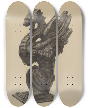 Triptych art skateboard deck of Milton Grubstein Newel Figure by Milton Grubstein