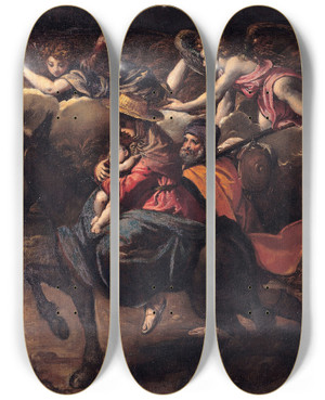Triptych art skateboard deck of Scarsellino Flight Into Egypt by Scarsellino (1550-1620)