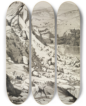 Triptych art skateboard deck of Max Klinger Bergsturz Intermezzi Opus Iv Blatt 6 by Max Klinger (1857-1920)