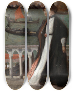 Triptych art skateboard deck of Eugne Vail Along The Riva by Eugene Vail (1857-1934)