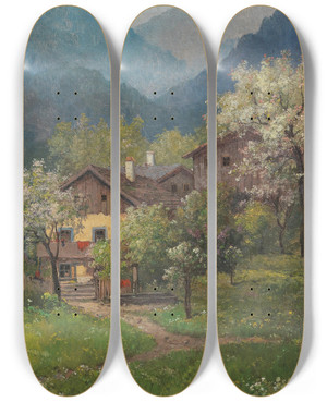 Triptych art skateboard deck of Konstantin Stoitzner Blossoming Trees Blossoming Lilac by Konstantin Stoitzner (1863-1934)