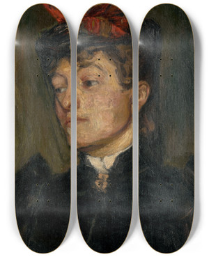 Triptych art skateboard deck of Jozef Hanula Head Of A Lady In A Hat_1 by Jozef Hanula (1863-1944)
