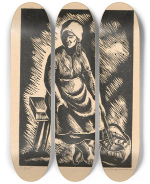 Triptych art skateboard deck of Wacaw Wsowicz Dziewczyna Z Koszem by Waclaw Wasowicz (1891-1942)