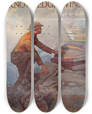 Triptych art skateboard deck of Dan Smith Knowledge Wins by Dan Smith (1835-1934)