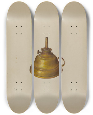 Triptych art skateboard deck of Christabel Scrymser Camphene Lamp by Christabel Scrymser