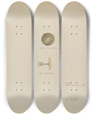 Triptych art skateboard deck of Roberta Elvis Earring by Roberta Elvis