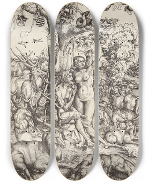 Triptych art skateboard deck of Lucas Cranach Der Sndenfall by Lucas Cranach