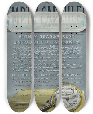 Triptych art skateboard deck of Eli Lilly Company Lilly Empty Capsules by Eli Lilly Company (19-20-)