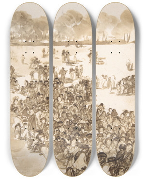 Triptych art skateboard deck of Francisco De Goya Crowd In A Park by Francisco de Goya (1746-1828)