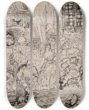 Triptych art skateboard deck of Rodolphe Bresdin Spinners Interior by Rodolphe Bresdin (1822-1885)