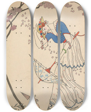 Triptych art skateboard deck of George Barbier Le Coup De Vent by George Barbier (1882-1932)