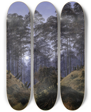Triptych art skateboard deck of Caspar David Friedrich Inside The Forest In The Moonlight by Caspar David Friedrich (1774-1840)