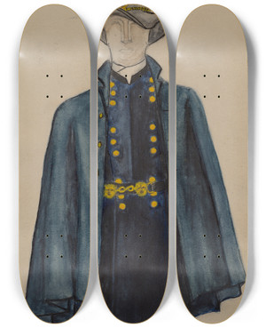 Triptych art skateboard deck of Harold Smith Civil War Field Uniform by Harold Smith