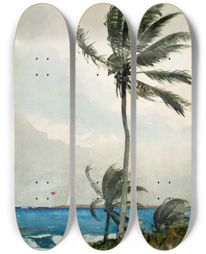 Triptych art skateboard deck of Winslow Homer Palm Tree Nassau by Winslow Homer (1836-1910)