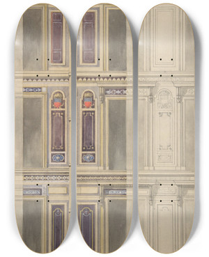 Triptych art skateboard deck of Julesedmondcharles Lachaise Designs For Three Windowed Storeys by Jules-Edmond-Charles Lachaise (1897)