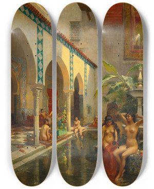 Triptych art skateboard deck of Henri Victor Lesur An Exotic Courtyard by Henri Victor Lesur (1863-1900)