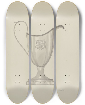 Triptych art skateboard deck of David P Willoughby Monogrammed Silver Cream Pitcher by David P Willoughby