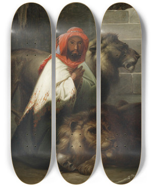 Triptych art skateboard deck of Pal Bhm Der Lwenbndiger by Pal Bohm (1839-1905)