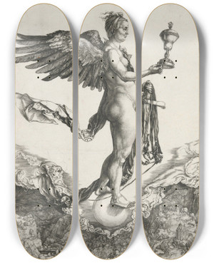 Triptych art skateboard deck of Albrecht Drer Nemesis by Albrecht Durer (1471-1528)