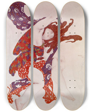 Triptych art skateboard deck of Lon Bakst Premire Bacchante De Narcisse by Leon Bakst (1866-1924)