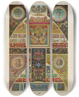 Triptych art skateboard deck of Auguste Racinet Renaissance 4 by Auguste Racinet (1825-1893)