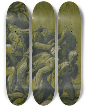 Triptych art skateboard deck of After Giuseppe Nicolo Vicentino Nine Figures by After Giuseppe Nicolo Vicentino (1470-1560)