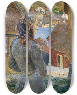 Triptych art skateboard deck of Carl Wilhelmson Eventide Bohusln by Carl Wilhelmson (1866-1928)