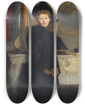 Triptych art skateboard deck of Ava De Lagercrantz Self Portrait by Ava de Lagercrantz