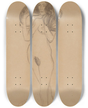 Triptych art skateboard deck of Gustav Klimt Stehender Mdchenakt Nach Links by Gustav Klimt (1862-1918)
