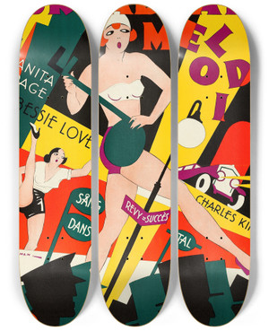 Triptych art skateboard deck of Eric Rohman The Broadway Melody by Eric Rohman (1891-1949)